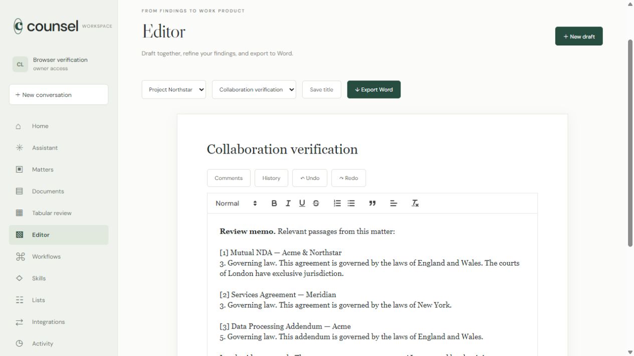 Counsel workspace editor showing a collaborative draft with cited source passages