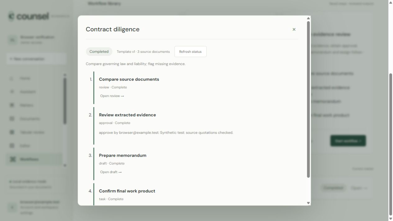 Approval-gated legal workflow with ordered steps and a recorded decision